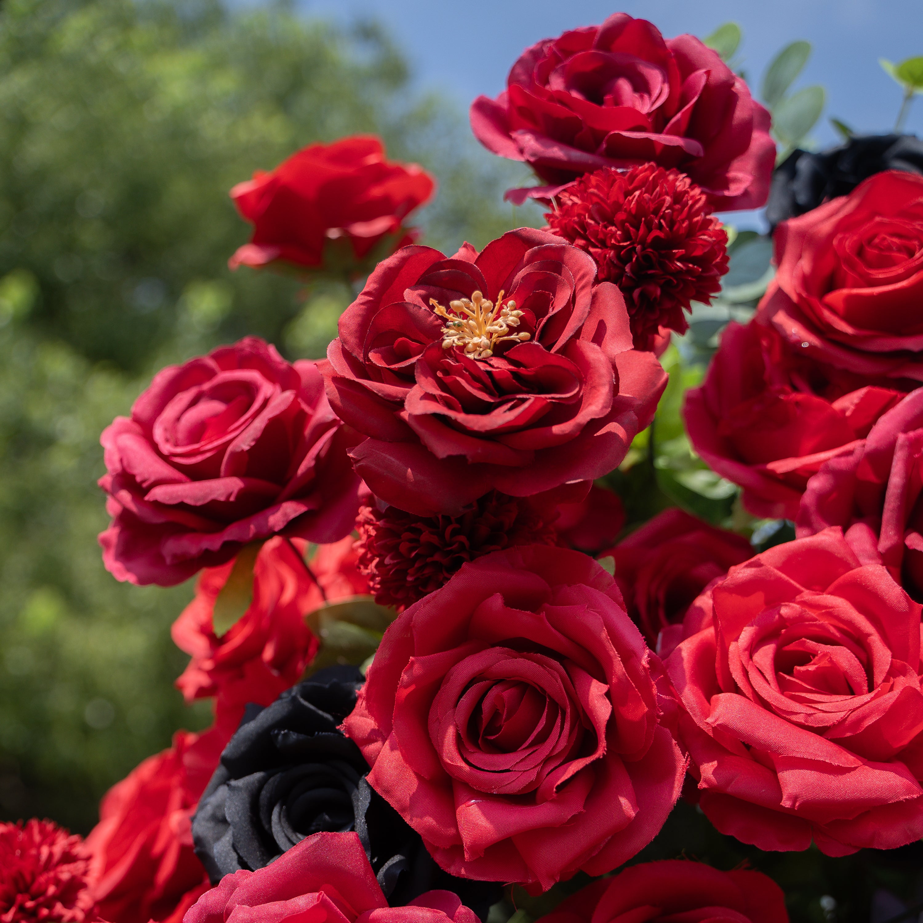 Ravena Red &amp; Black Artificial Flower Pillar Wedding Arch KT Board Decor Floral Arrangement