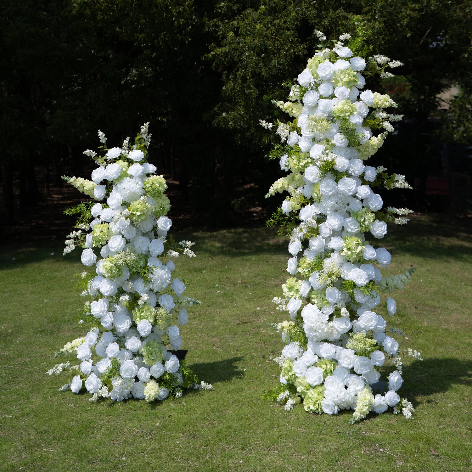 Alba Green &amp; White Artificial Flower Pillar Wedding Arch KT Board Decor Floral Arrangement