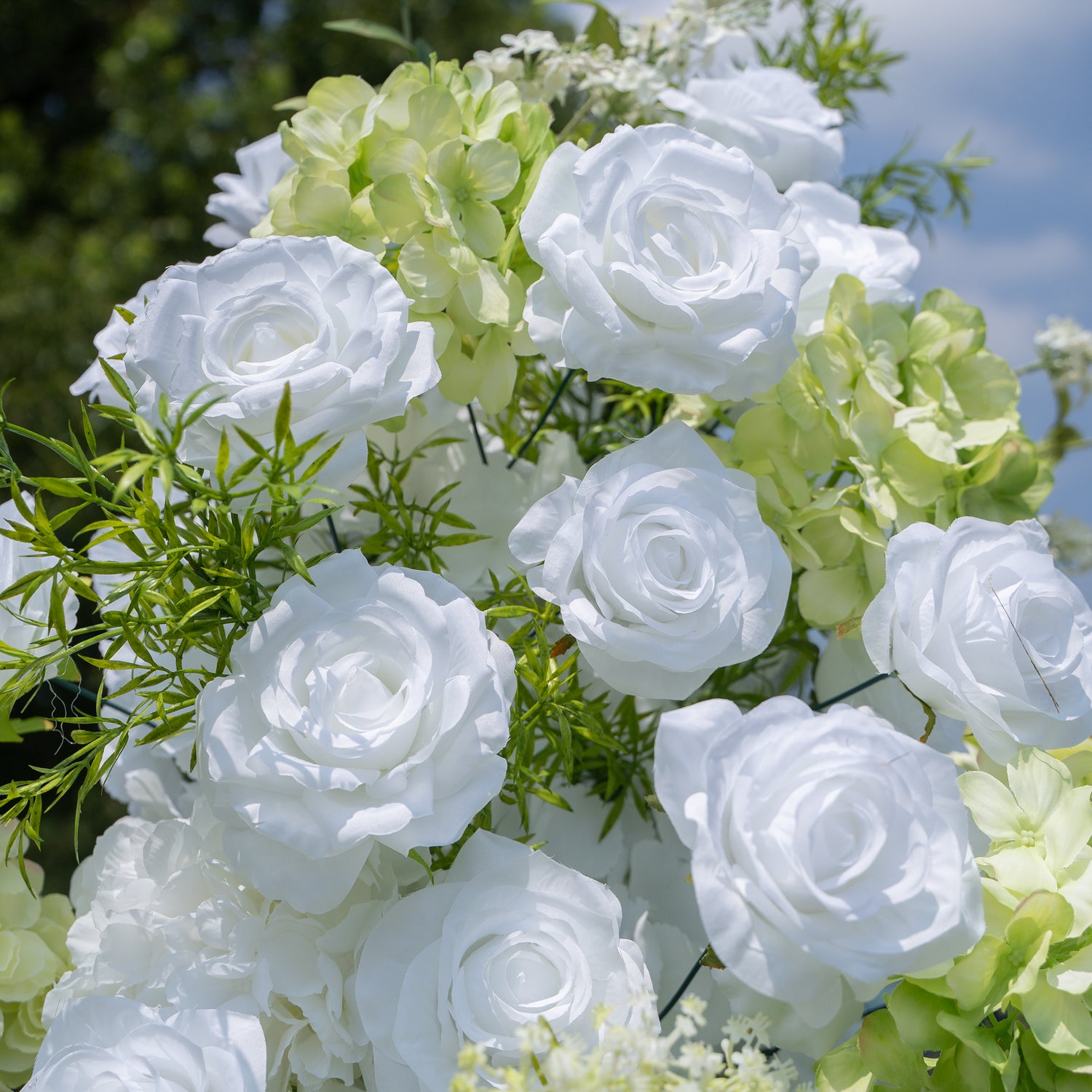 Alba Green &amp; White Artificial Flower Pillar Wedding Arch KT Board Decor Floral Arrangement