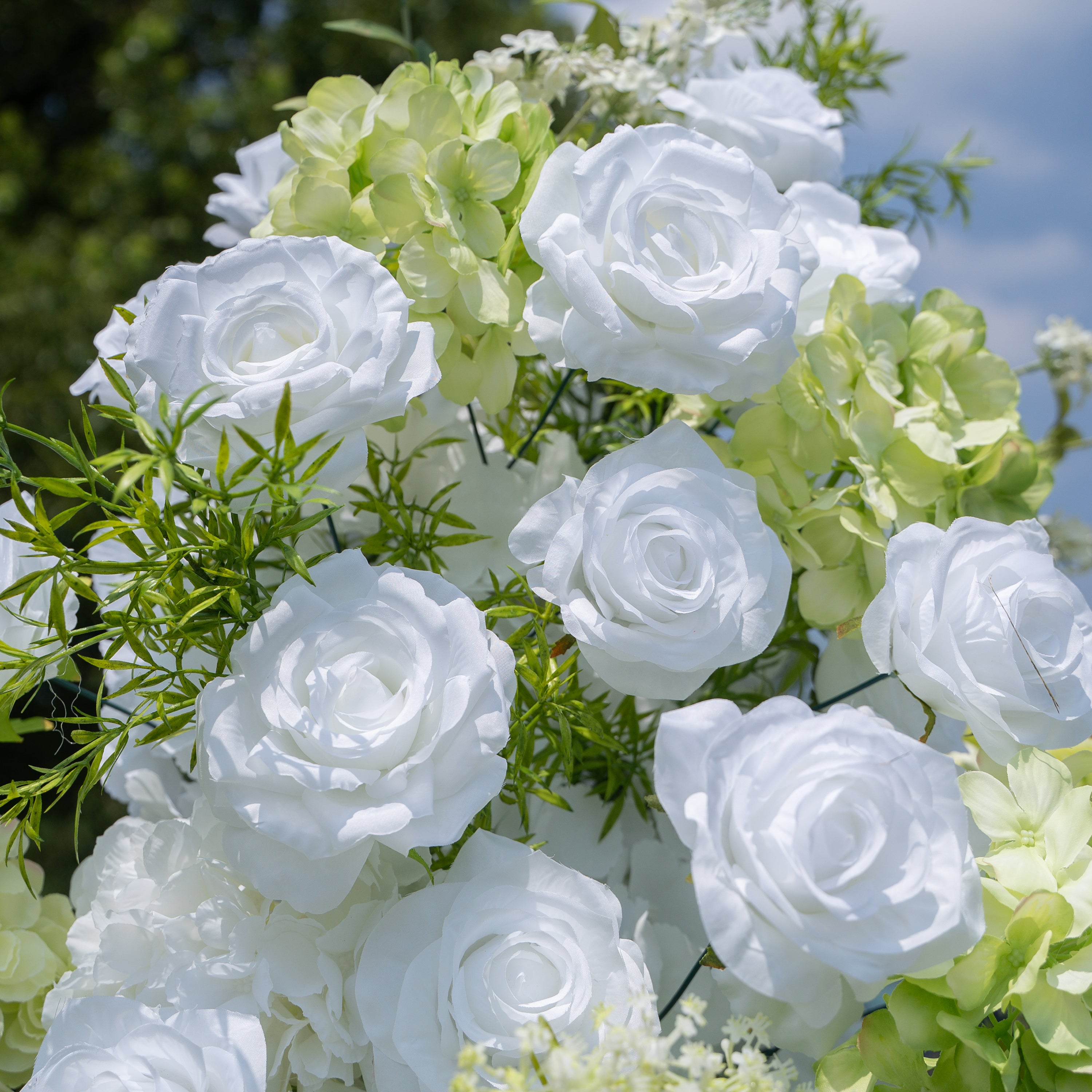 Alba Green &amp; White Artificial Flower Pillar Wedding Arch KT Board Decor Floral Arrangement