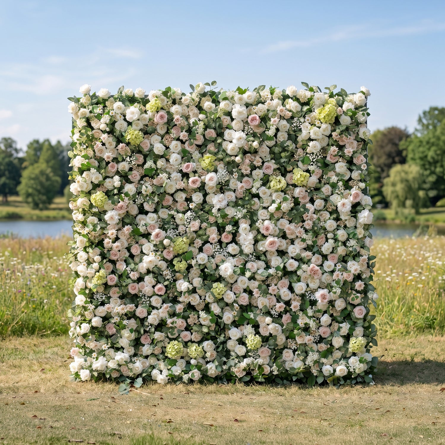 Della 3D White &amp; Greenery Flower Wall Fabric Artificial Zip Up Curtain Flower Wall For Wedding and Events Decoration