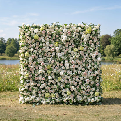 Della 3D White &amp; Greenery Flower Wall Fabric Artificial Zip Up Curtain Flower Wall For Wedding and Events Decoration
