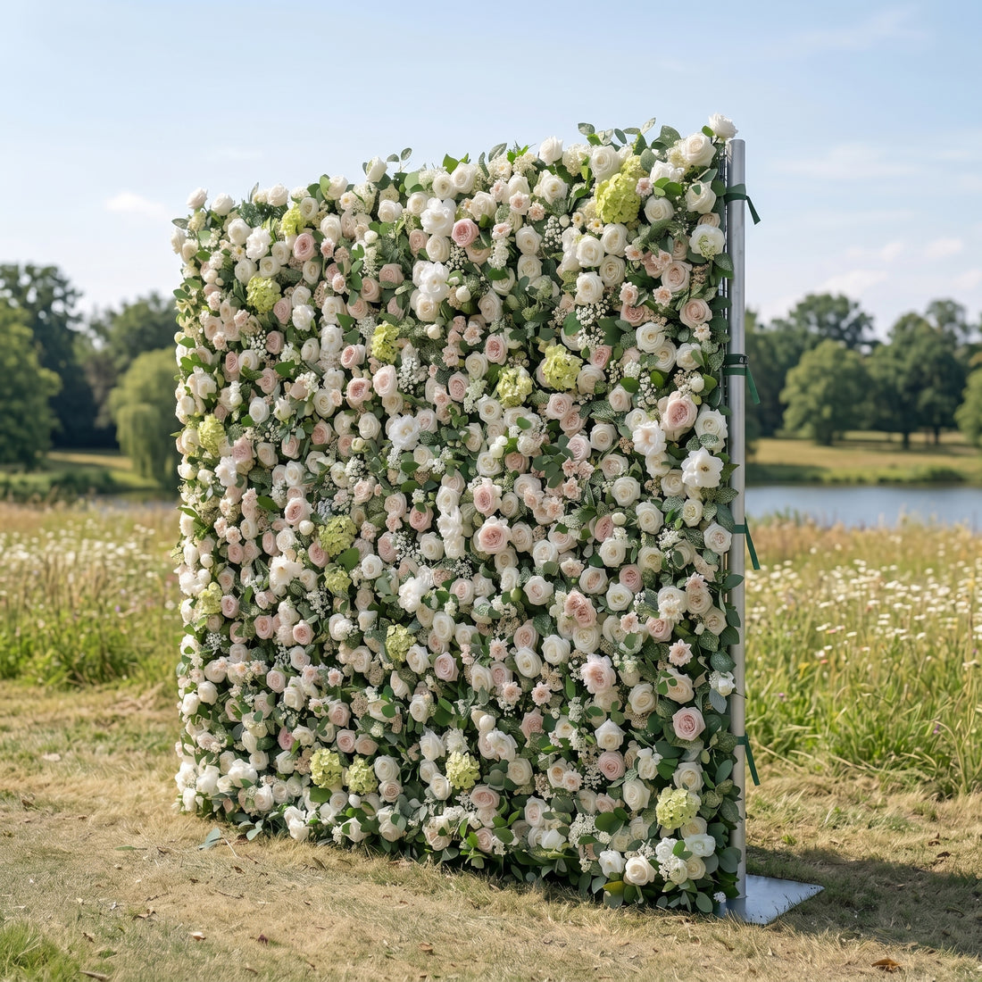 Della 3D White &amp; Greenery Flower Wall Fabric Artificial Zip Up Curtain Flower Wall For Wedding and Events Decoration