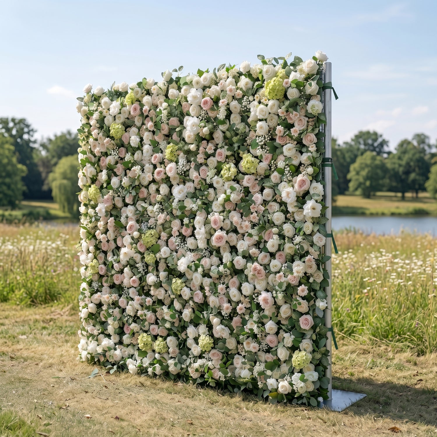 Della 3D White &amp; Greenery Flower Wall Fabric Artificial Zip Up Curtain Flower Wall For Wedding and Events Decoration