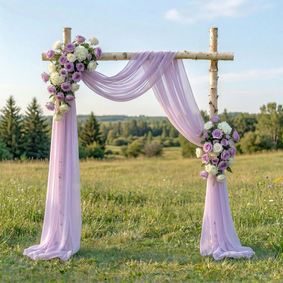Dew Romantic Purple Rose Wedding Arch Flowers Swag with Sheer Drapes Set for Luxury Ceremony Decor