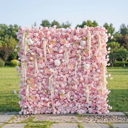 Eden 3D Pink Flower Wall &amp; Tassel Design Fabric Artificial Zip Up Curtain Flower Wall For Wedding and Events Decoration