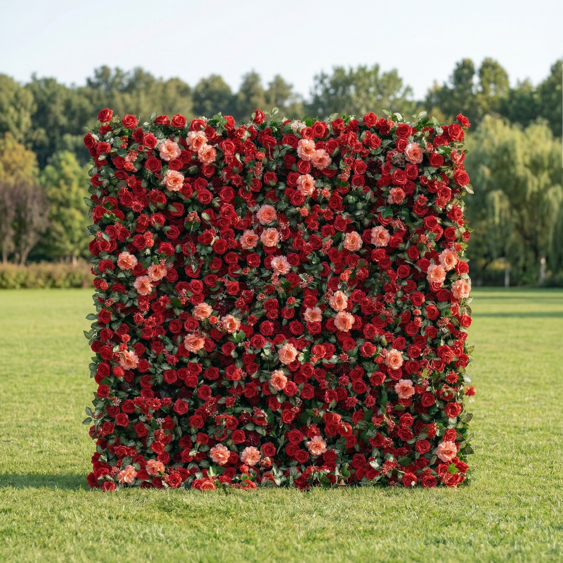 Elowenelle 3D Red Rose Flower Wall Fabric Artificial Zip Up Curtain Flower Wall For Wedding and Events Decoration