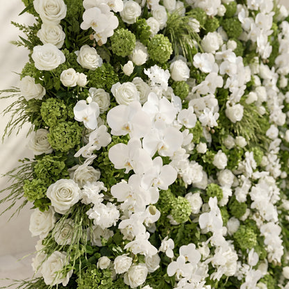 Blush Luxury 4D White &amp; Green Silk Floral Wall Roll-Up Backdrop for Edgy Romantic Weddings