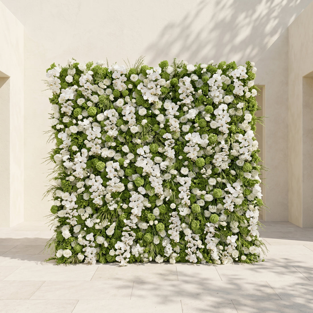 Blush Luxury 4D White &amp; Green Silk Floral Wall Roll-Up Backdrop for Edgy Romantic Weddings