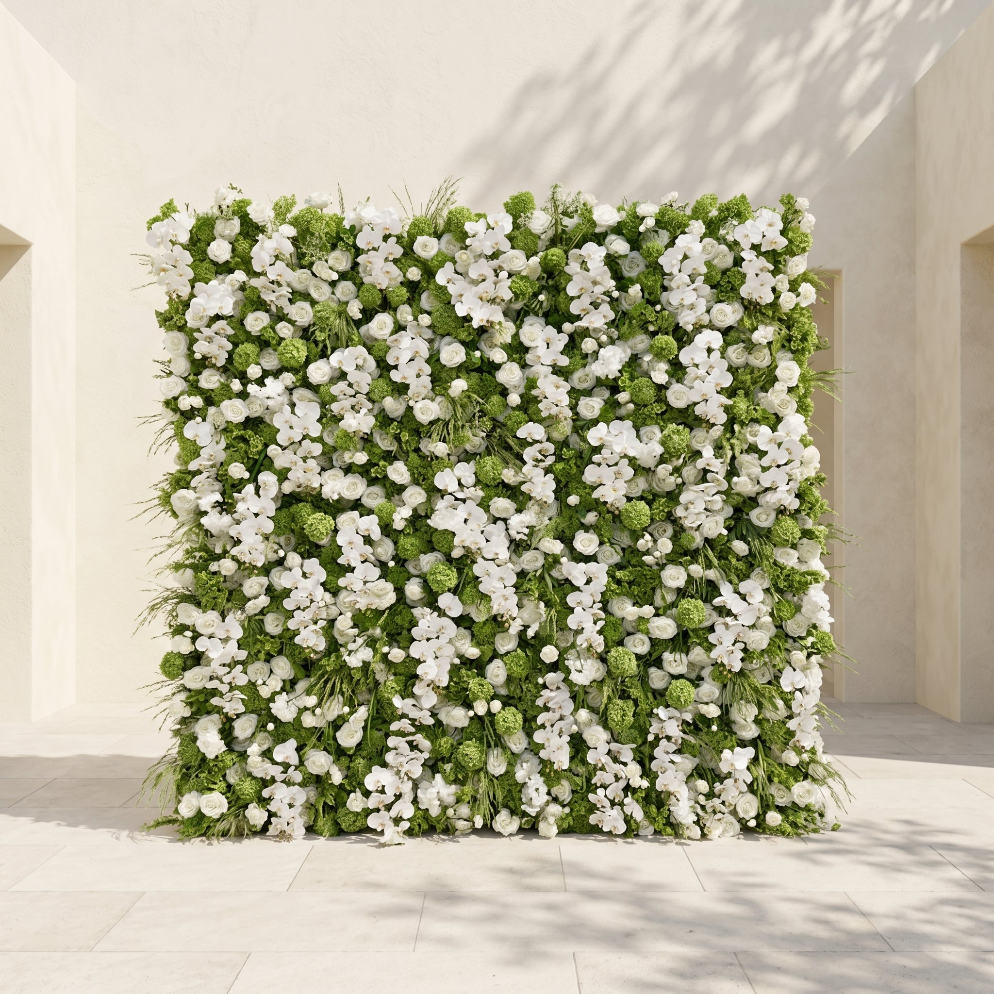 Blush Luxury 4D White &amp; Green Silk Floral Wall Roll-Up Backdrop for Edgy Romantic Weddings