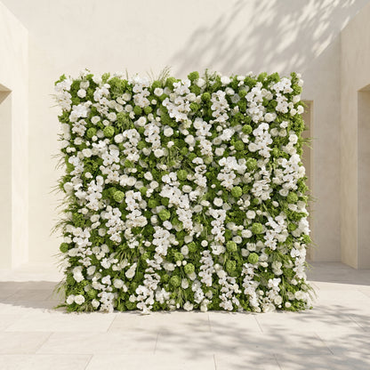 Blush Luxury 4D White &amp; Green Silk Floral Wall Roll-Up Backdrop for Edgy Romantic Weddings