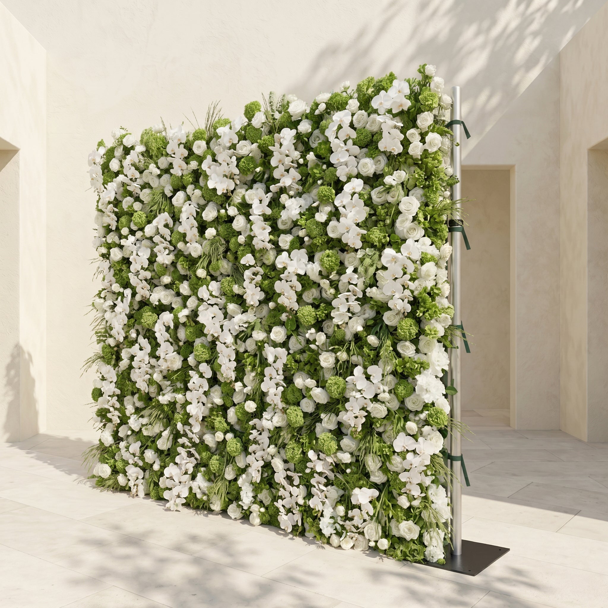 Blush Luxury 4D White &amp; Green Silk Floral Wall Roll-Up Backdrop for Edgy Romantic Weddings