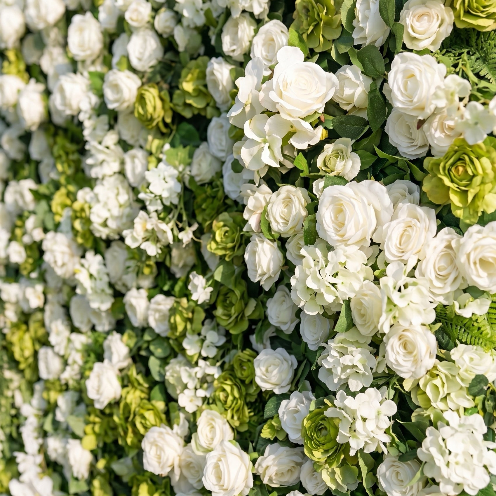 Evora 3D White Rose &amp; Greenery Flower Wall Fabric Artificial Zip Up Curtain Flower Wall For Wedding and Events Decoration