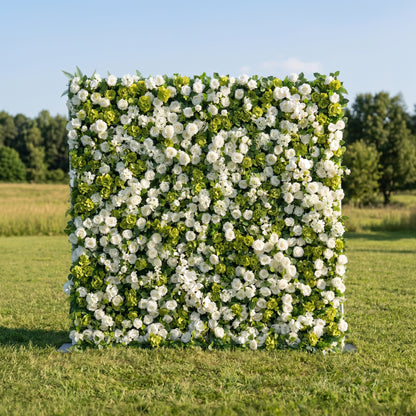 Evora 3D White Rose &amp; Greenery Flower Wall Fabric Artificial Zip Up Curtain Flower Wall For Wedding and Events Decoration