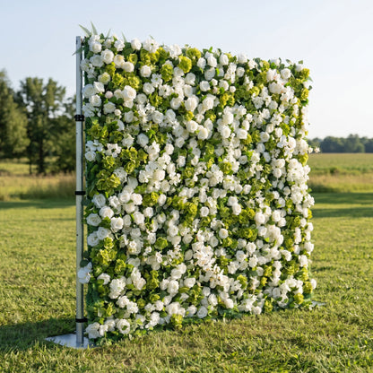 Evora 3D White Rose &amp; Greenery Flower Wall Fabric Artificial Zip Up Curtain Flower Wall For Wedding and Events Decoration