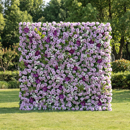 Evoren 3D Purple Rose Flower Wall Fabric Artificial Zip Up Curtain Flower Wall For Wedding and Events Decoration