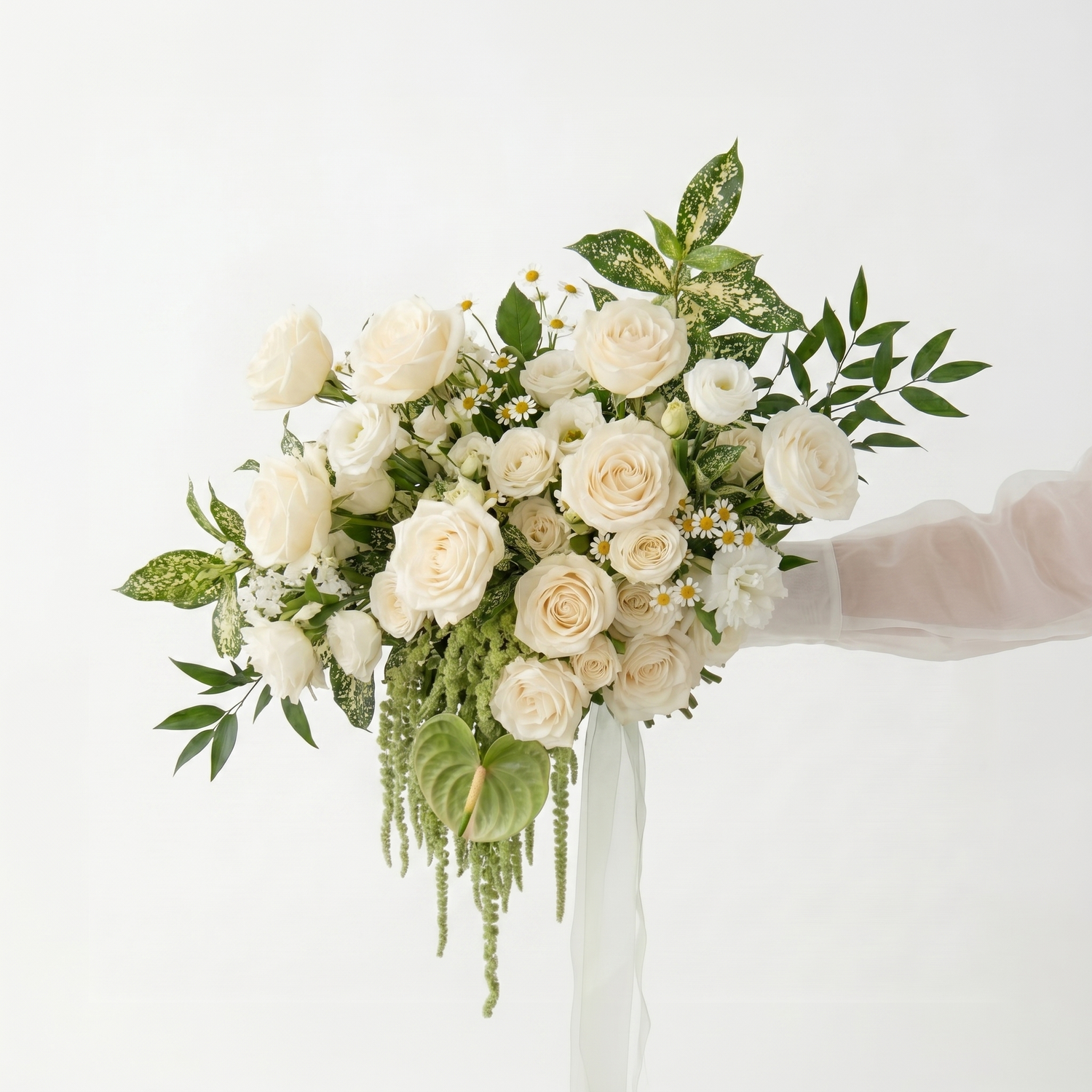 White Rose &amp; Greenery Artificial Bridal Bouquet Weddings Anniversary Party Supplies