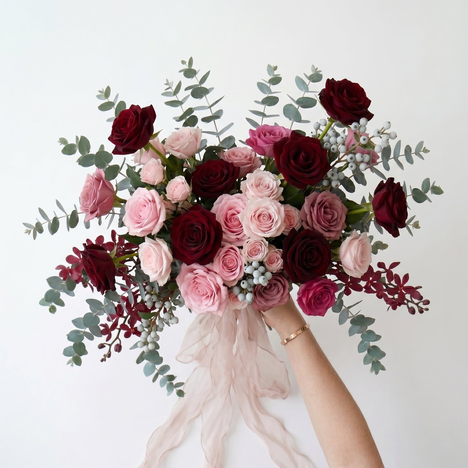 Deep Red &amp; Pink Artificial Rose Bride Bouquet Romantic Wedding Ceremony Party Props