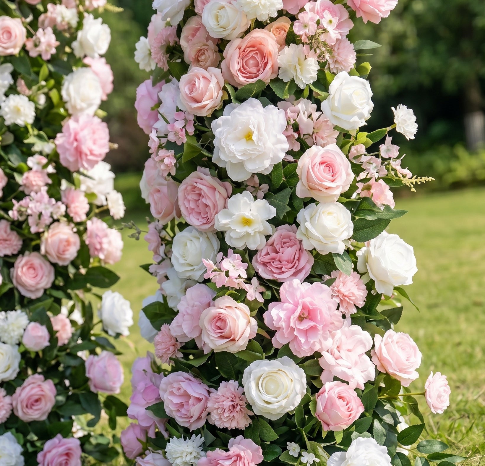 Genevren 3D Pink &amp; White Artificial Flower Pillar Wedding Backdrop Arch KT Board Decor Floral Arrangement