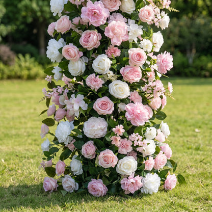 Genevren 3D Pink &amp; White Artificial Flower Pillar Wedding Backdrop Arch KT Board Decor Floral Arrangement