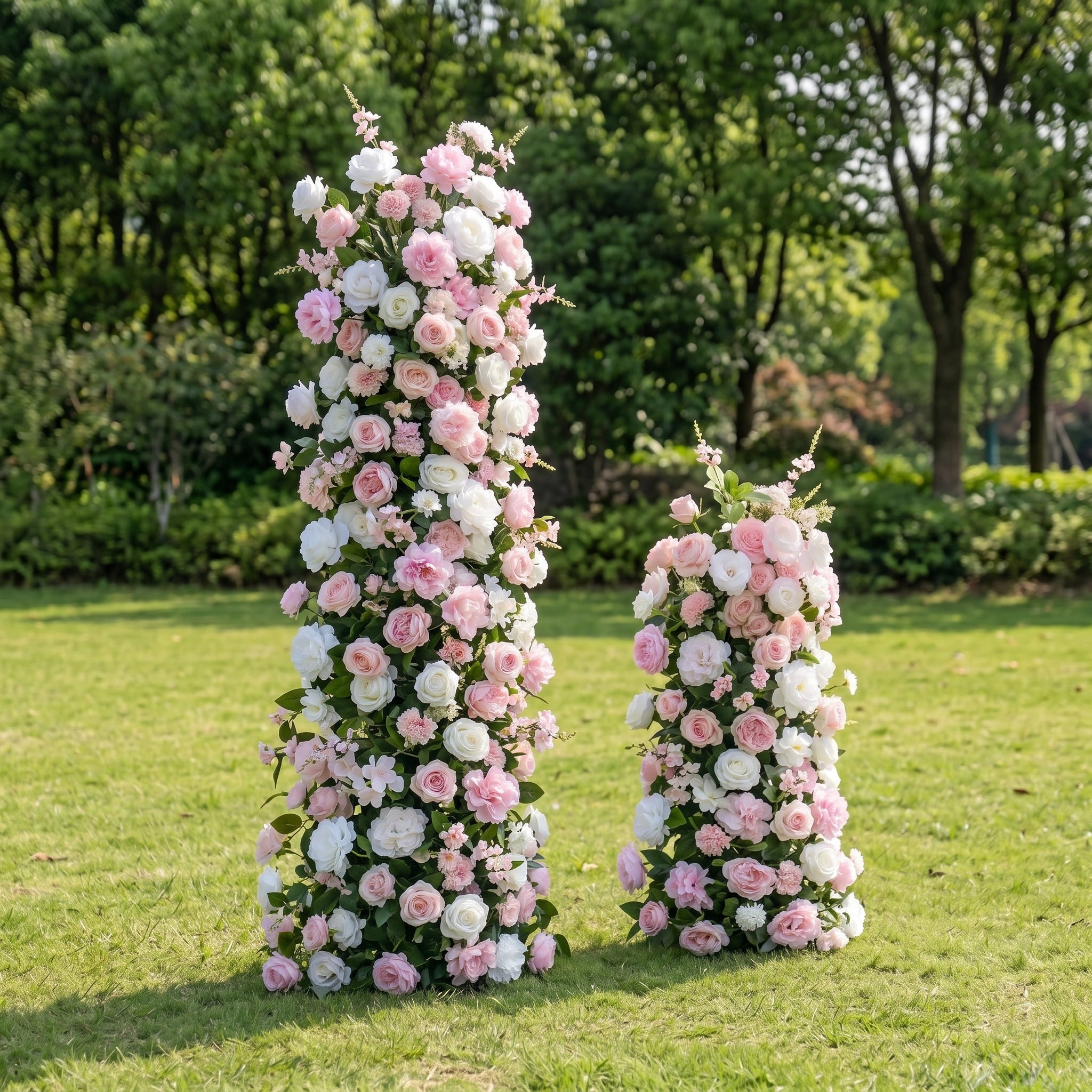 Genevren 3D Pink &amp; White Artificial Flower Pillar Wedding Backdrop Arch KT Board Decor Floral Arrangement