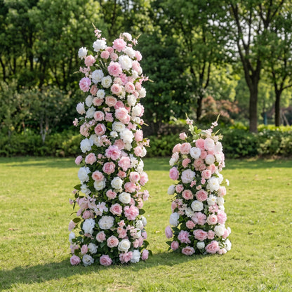 Genevren 3D Pink &amp; White Artificial Flower Pillar Wedding Backdrop Arch KT Board Decor Floral Arrangement