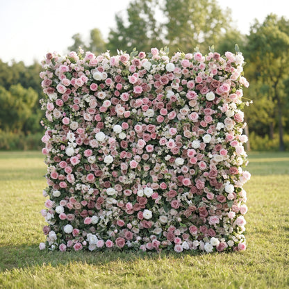 Heidi 3D Pink &amp; White Rose Flower Wall Fabric Artificial Zip Up Curtain Flower Wall For Wedding and Events Decoration