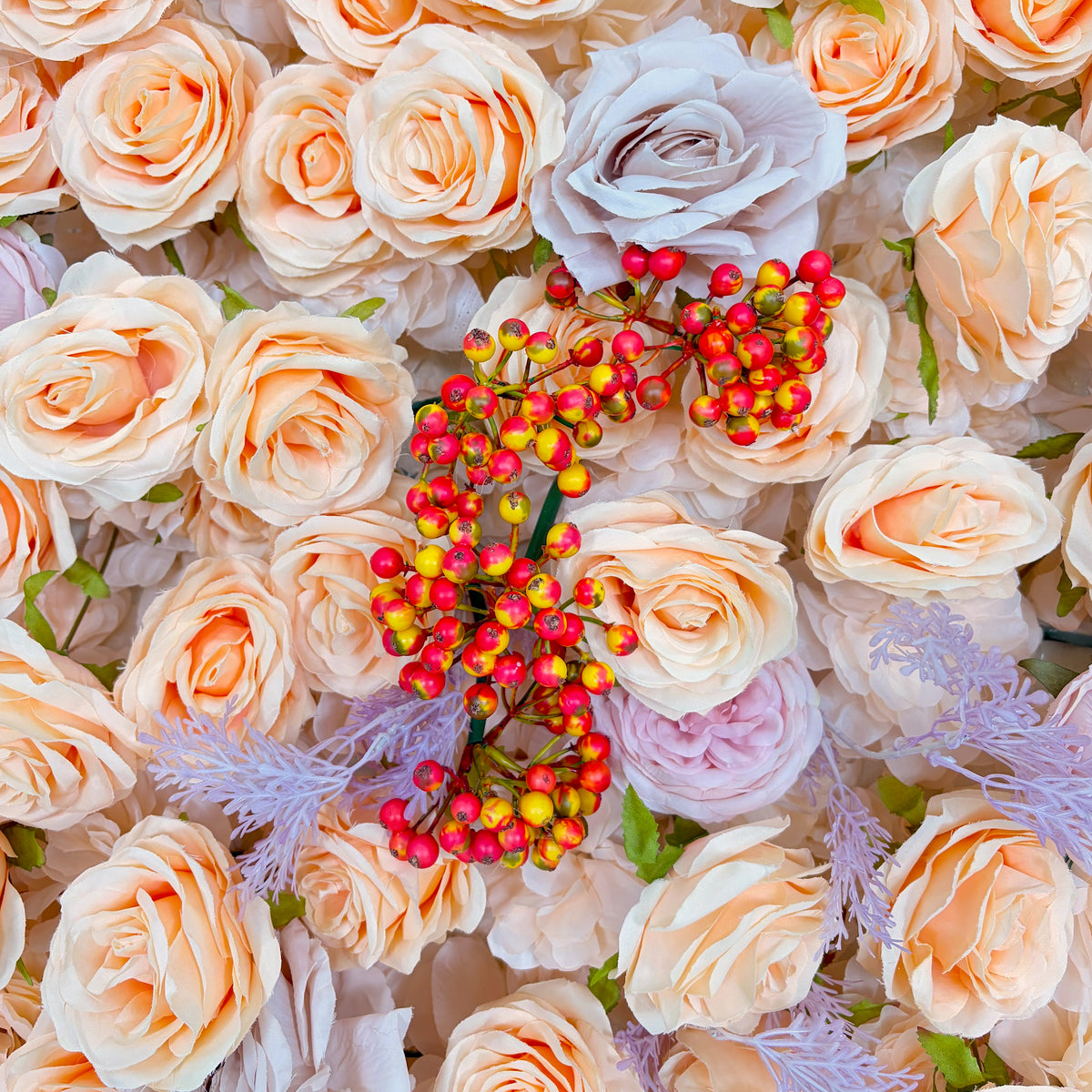 Pomona 3D Champagne &amp; Peach Silk Rose Flower Wall with Autumn Berries for Romantic Manor Weddings