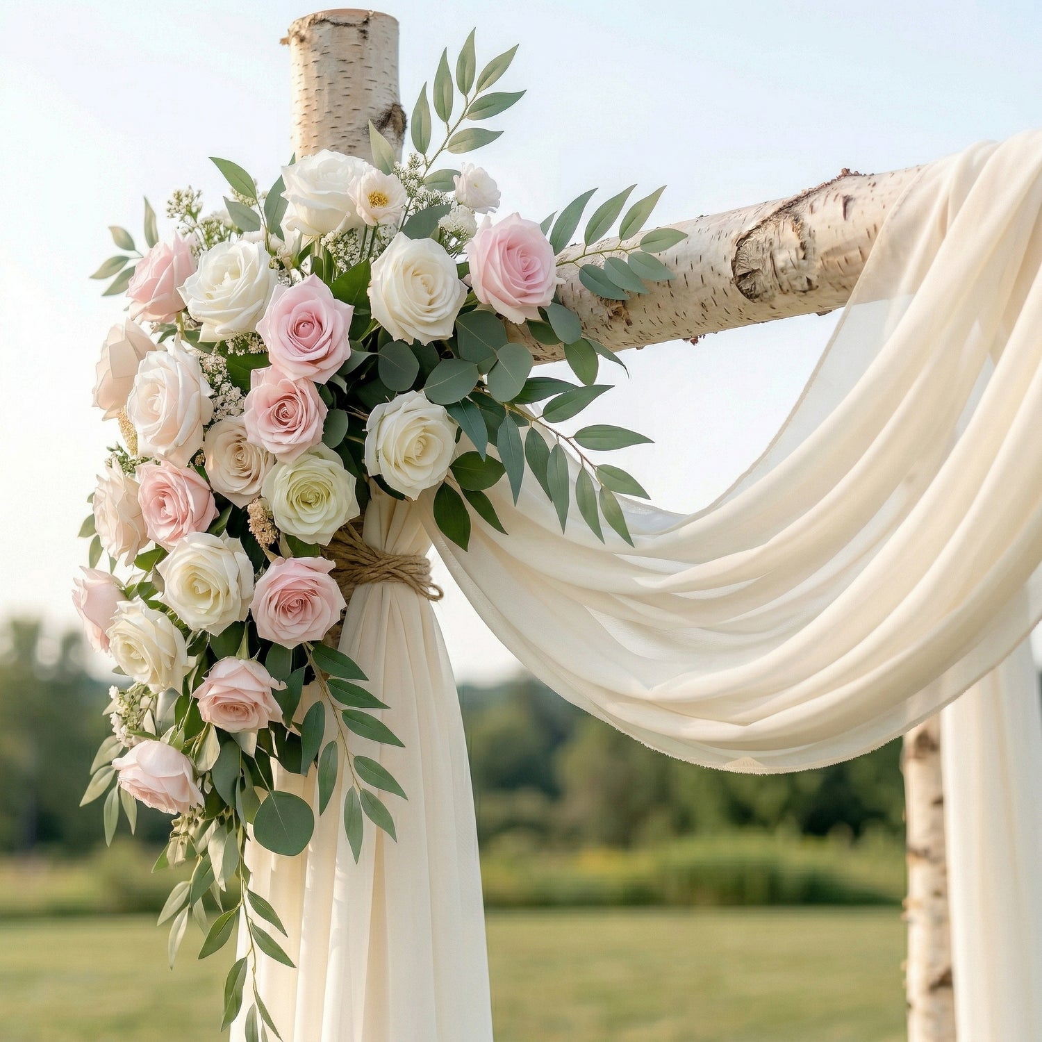 Isola Angel-Pure White Rose and Sheer Drape Arch for Luxury Ceremony Decor