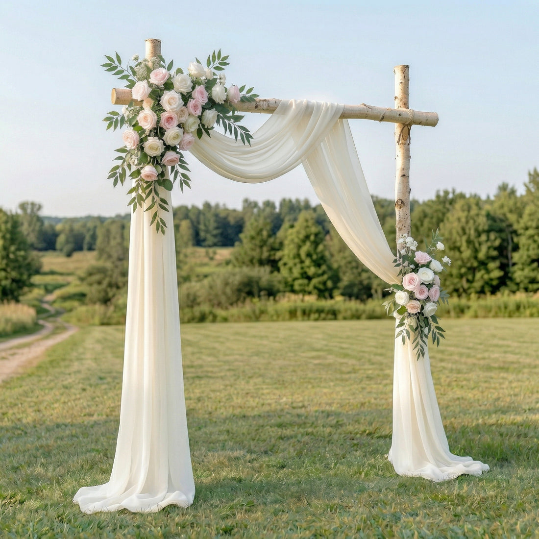 Isola Angel-Pure White Rose and Sheer Drape Arch for Luxury Ceremony Decor