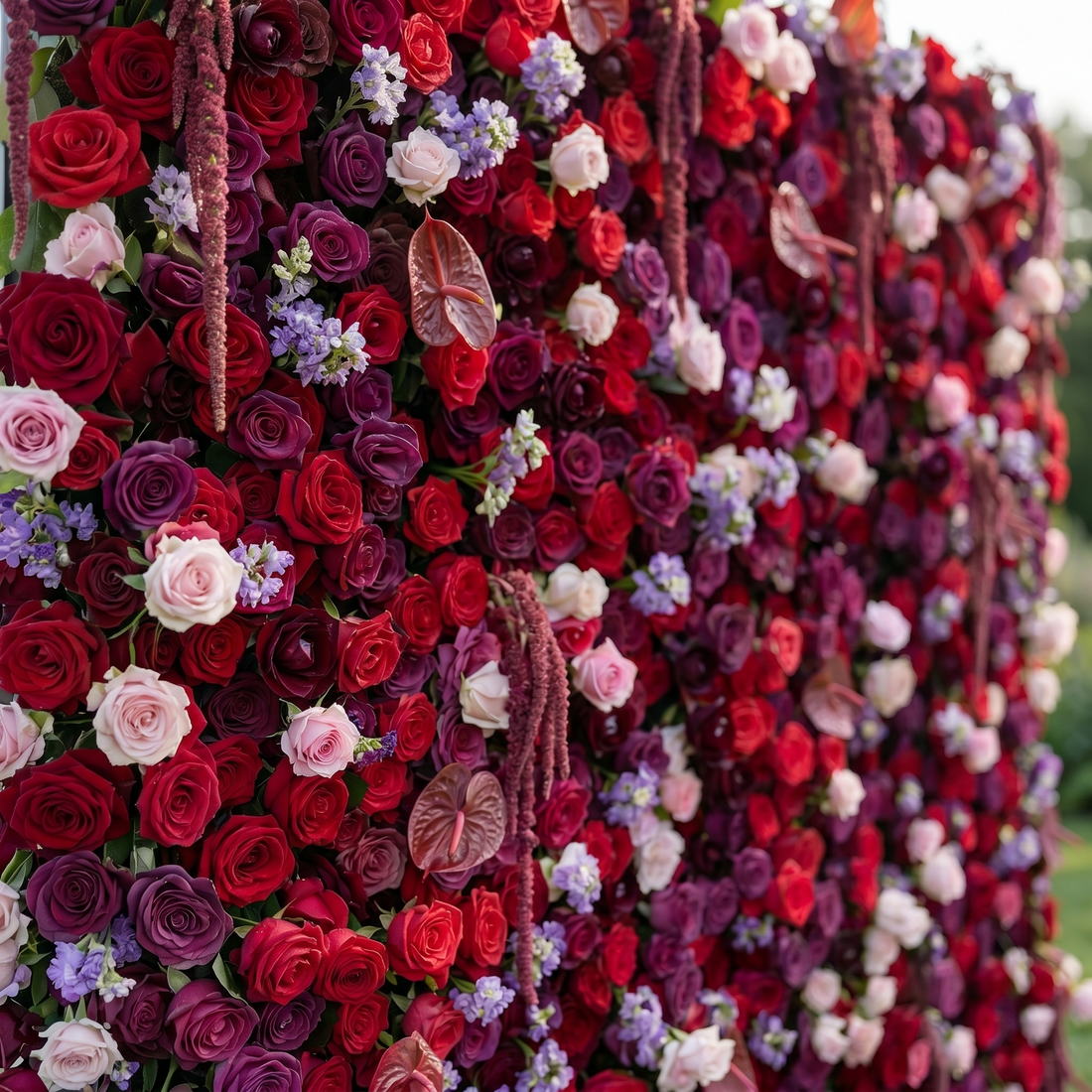 Jade 3D Fabric Backdrop Purple &amp; Red Artificial Flower Wall with Zip-Up Design for Events and Home Decoration