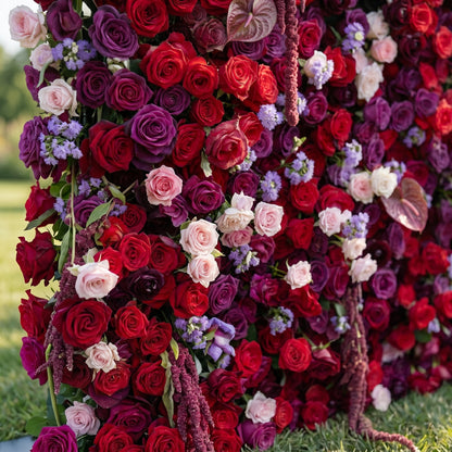 Jade 3D Fabric Backdrop Purple &amp; Red Artificial Flower Wall with Zip-Up Design for Events and Home Decoration