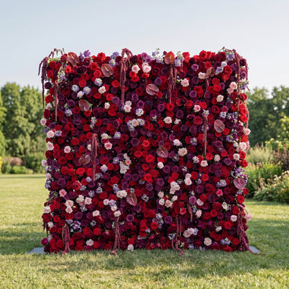 Jade 3D Fabric Backdrop Purple &amp; Red Artificial Flower Wall with Zip-Up Design for Events and Home Decoration