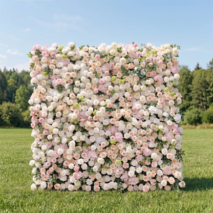 June 3D Fabric Backdrop Pink &amp; White Artificial Flower Wall with Zip-Up Design for Events and Home Decoration