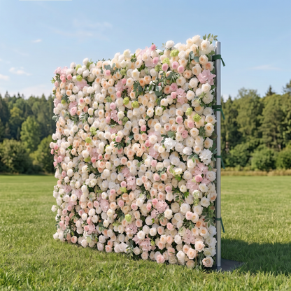 June 3D Fabric Backdrop Pink &amp; White Artificial Flower Wall with Zip-Up Design for Events and Home Decoration