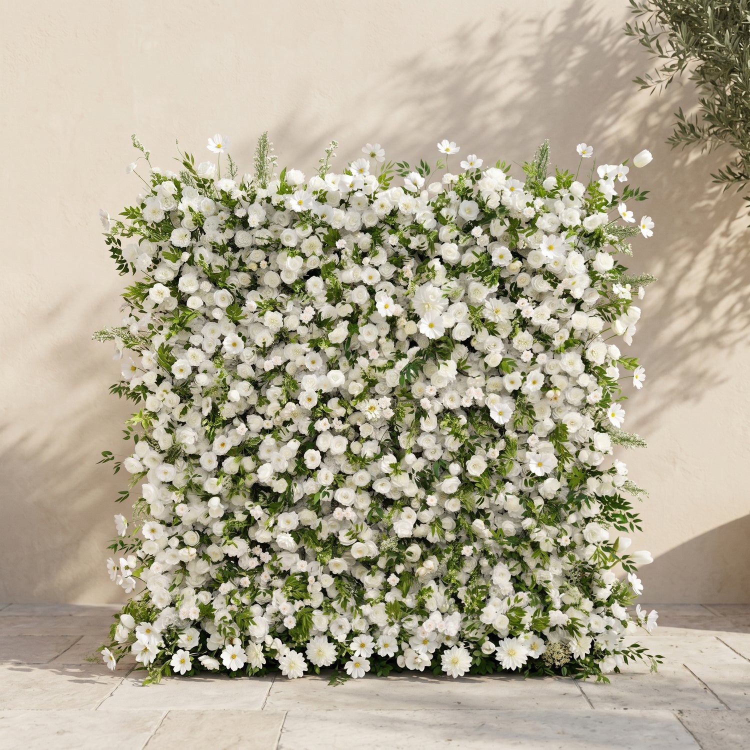 Petal Premium 4D Ivory &amp; Greenery Silk Floral Wall Roll-Up Backdrop for Elegant Minimalist Events