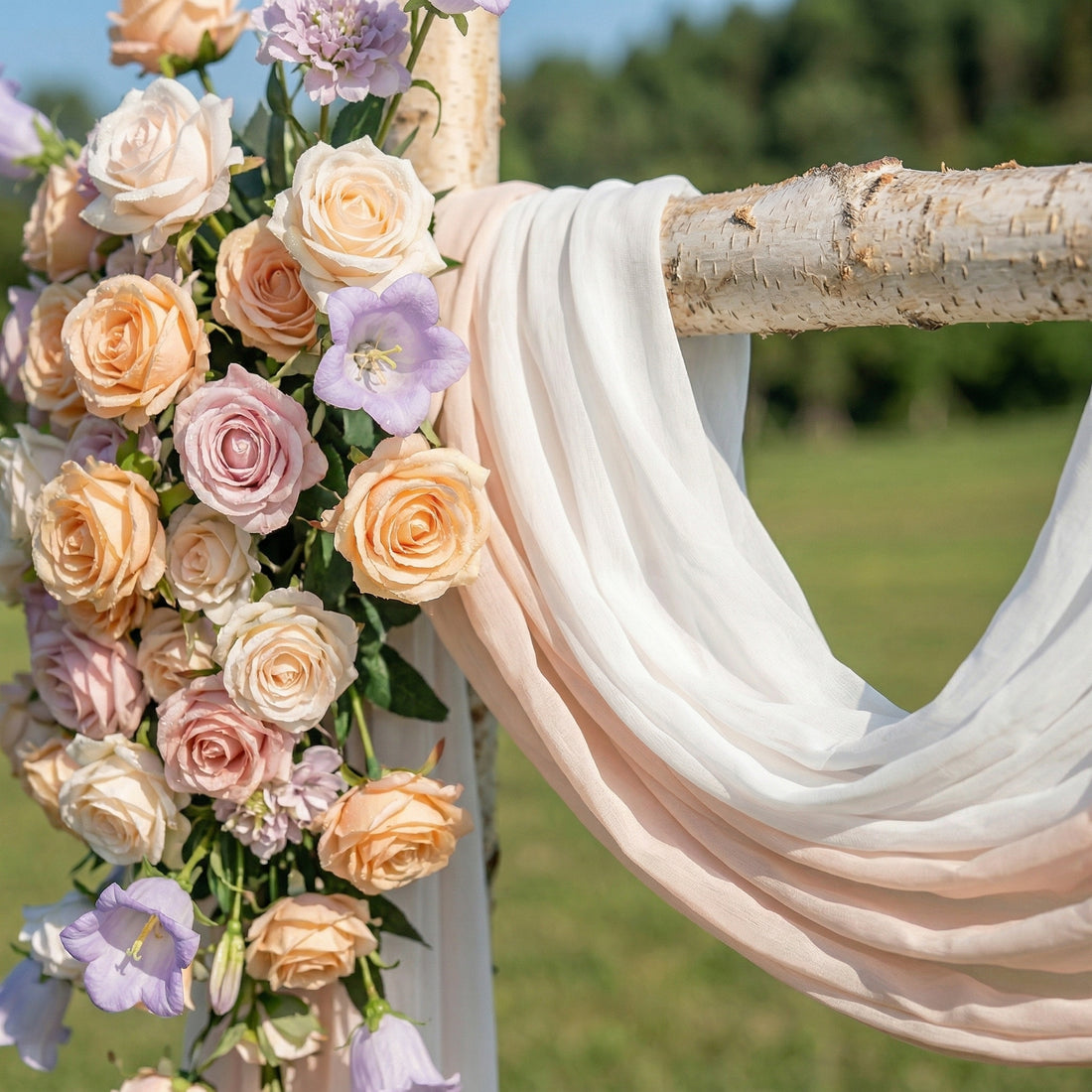 Kestrel Champagne and Purple Rose-Adorned Fabric Archway—Exclusively Designed for Wedding Receptions