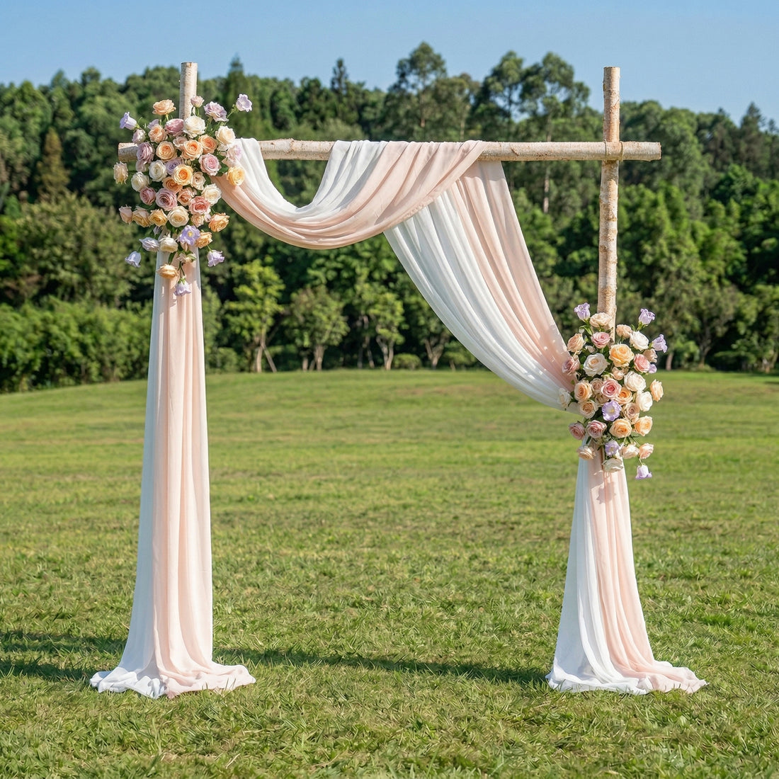 Kestrel Champagne and Purple Rose-Adorned Fabric Archway—Exclusively Designed for Wedding Receptions