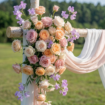 Kestrel Champagne and Purple Rose-Adorned Fabric Archway—Exclusively Designed for Wedding Receptions