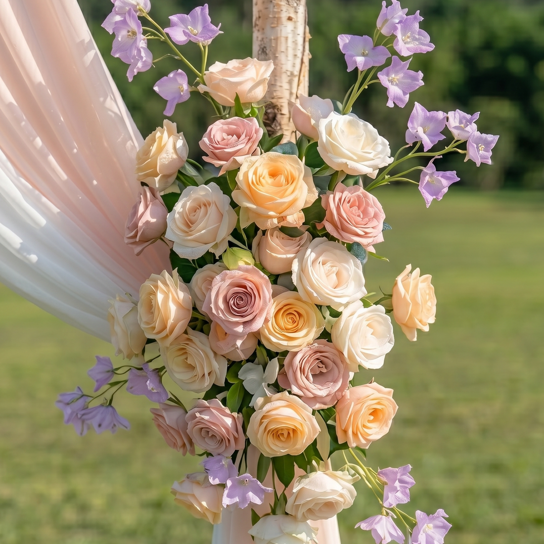 Kestrel Champagne and Purple Rose-Adorned Fabric Archway—Exclusively Designed for Wedding Receptions