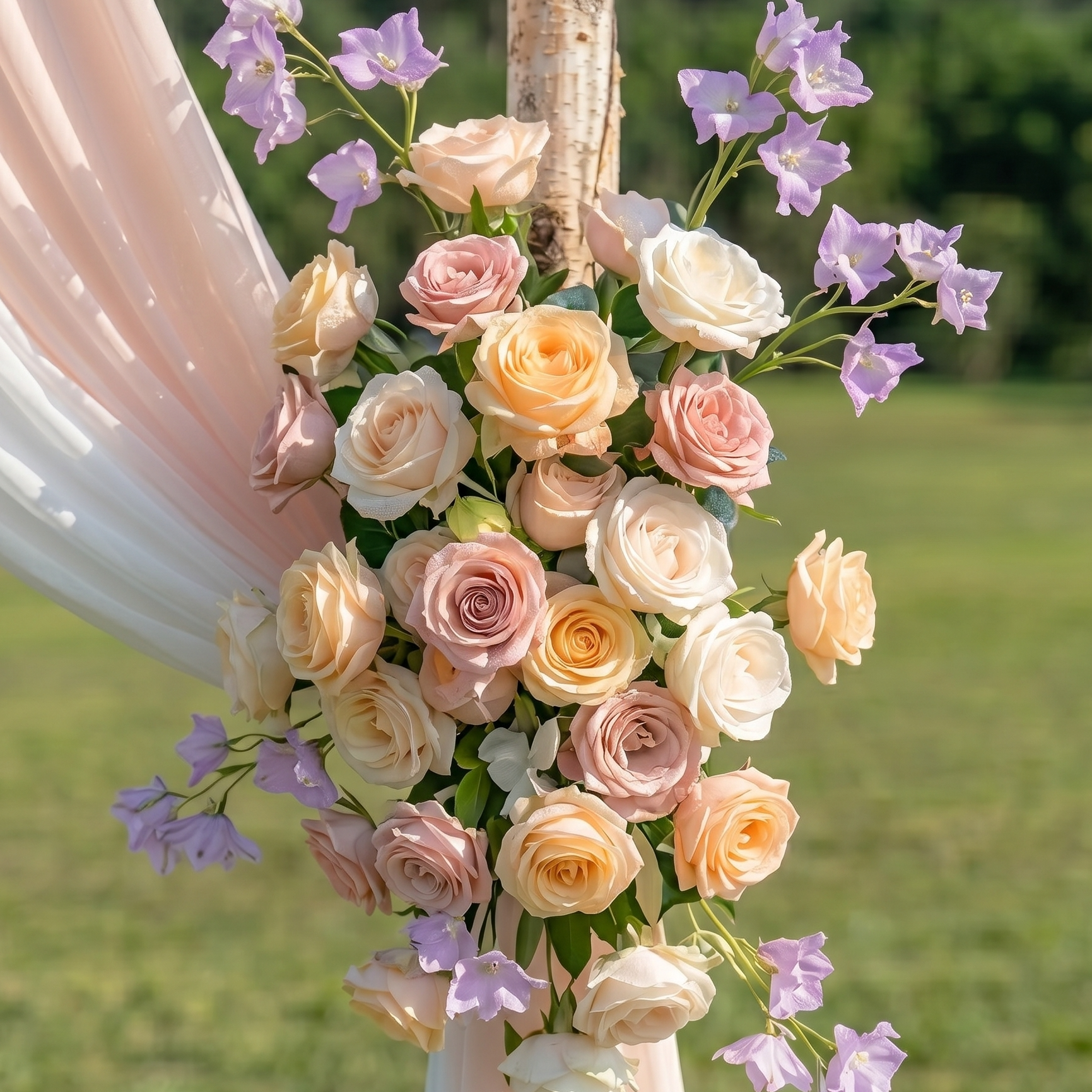 Kestrel Champagne and Purple Rose-Adorned Fabric Archway—Exclusively Designed for Wedding Receptions