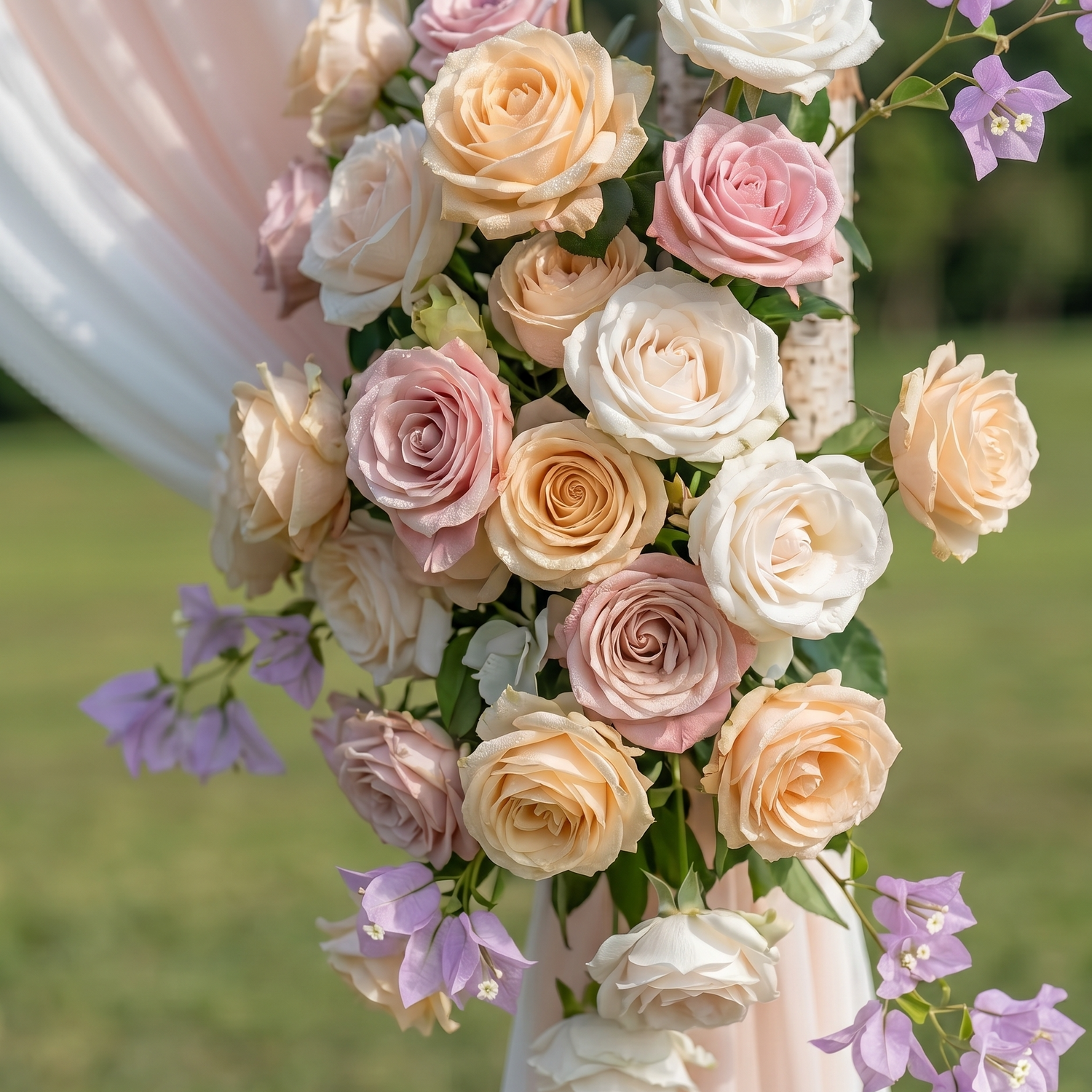 Kestrel Champagne and Purple Rose-Adorned Fabric Archway—Exclusively Designed for Wedding Receptions