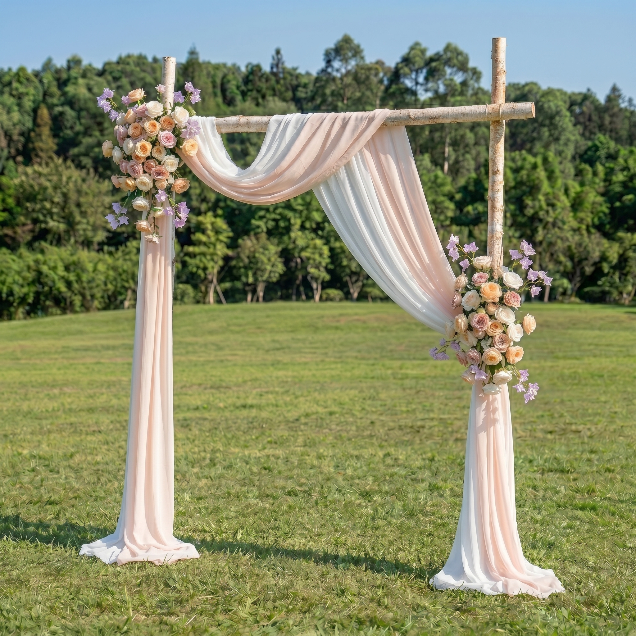 Kestrel Champagne and Purple Rose-Adorned Fabric Archway—Exclusively Designed for Wedding Receptions
