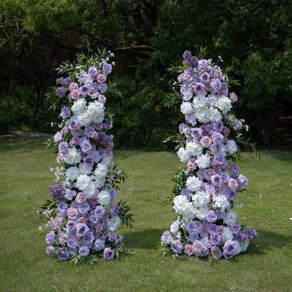 Lilac Purple &amp; White Floral Pillar Wedding Arch, front view
