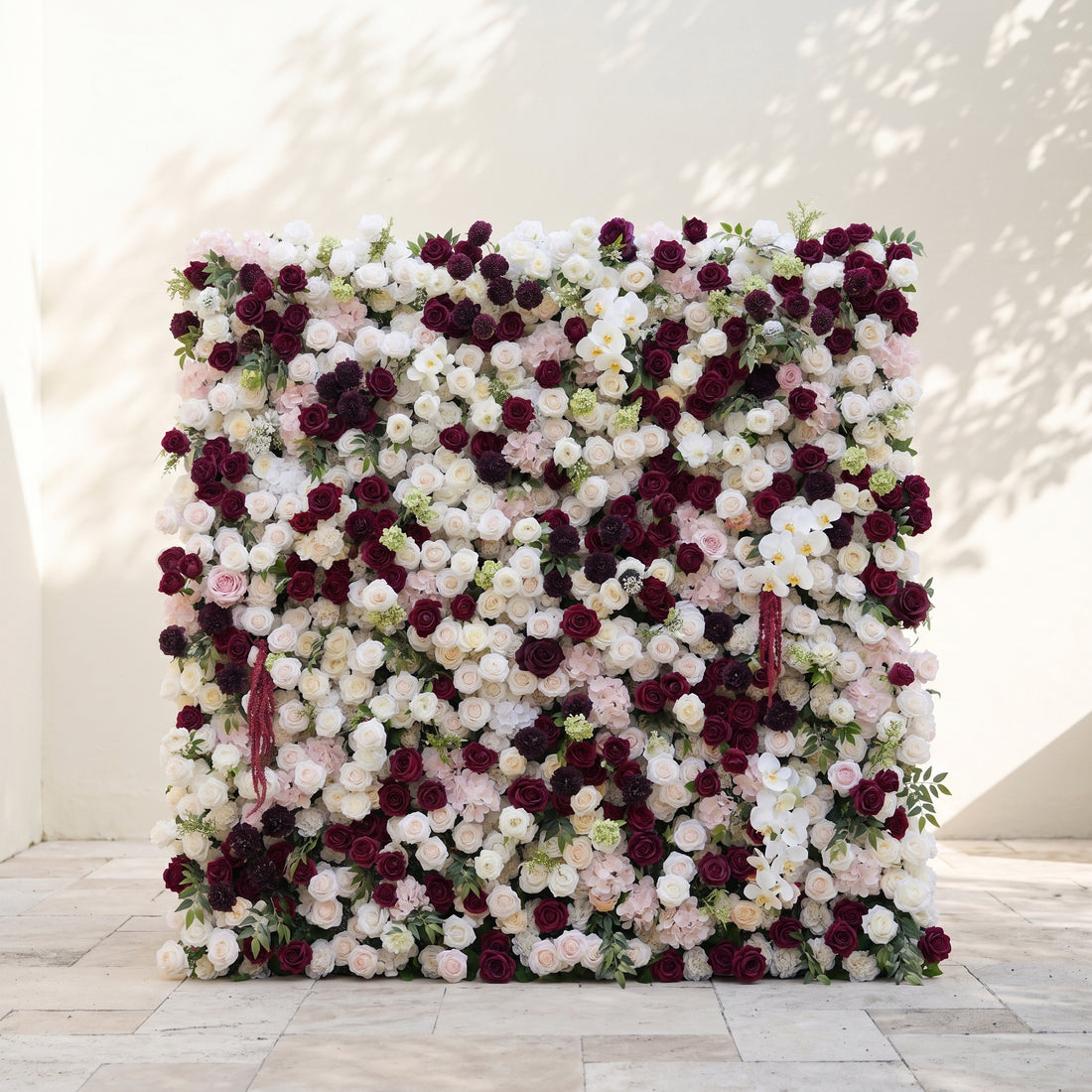 Flux Luxury 5D Burgundy Red &amp; Ivory White Silk Floral Wall Roll-Up Fabric Backdrop for Grand Weddings
