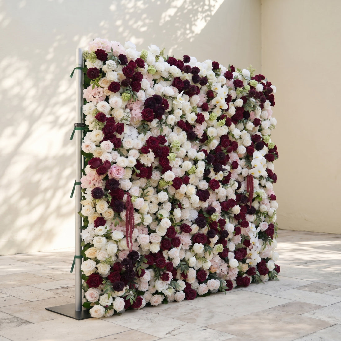 Flux Luxury 5D Burgundy Red &amp; Ivory White Silk Floral Wall Roll-Up Fabric Backdrop for Grand Weddings