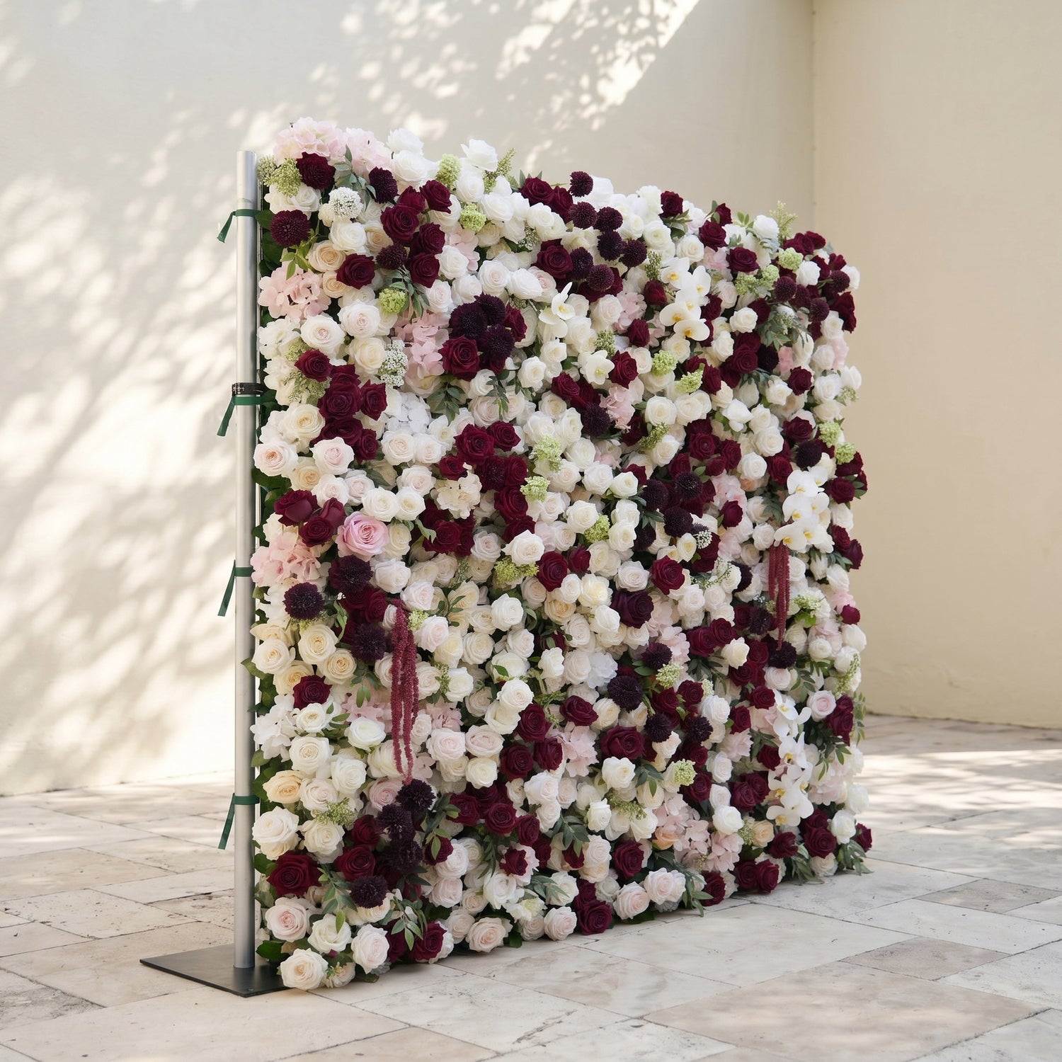 Flux Luxury 5D Burgundy Red &amp; Ivory White Silk Floral Wall Roll-Up Fabric Backdrop for Grand Weddings