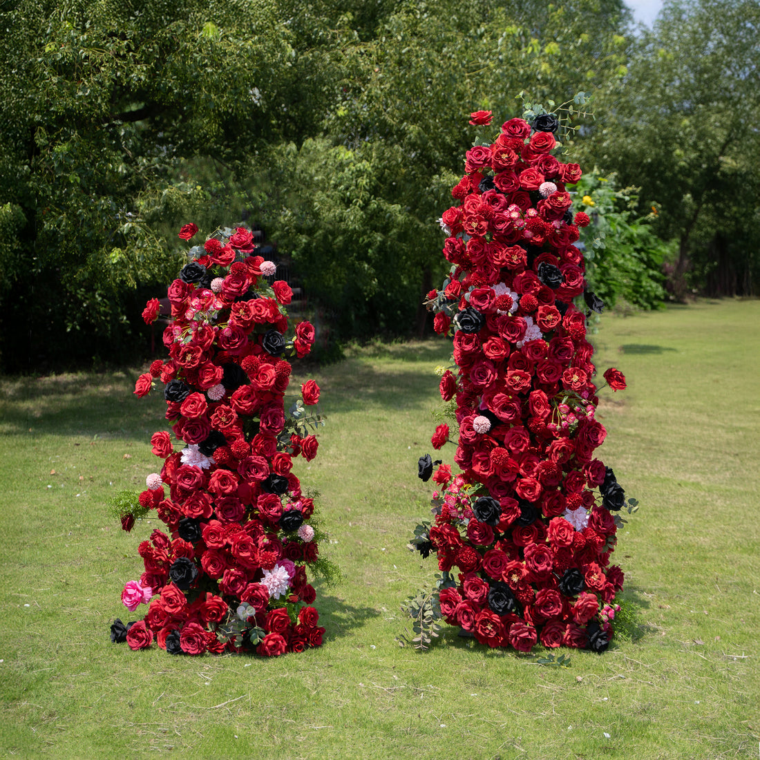 Ravena Red &amp; Black Artificial Flower Pillar Wedding Arch KT Board Decor Floral Arrangement