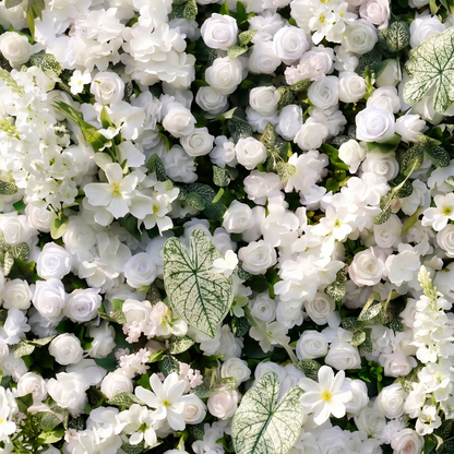 Reina 3D White Rose &amp; Greenery Flower Wall Fabric Artificial Zip Up Curtain Flower Wall For Wedding and Events Decoration