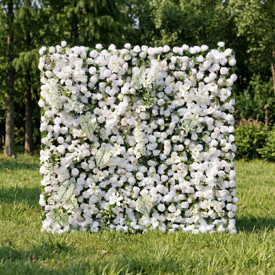 Reina 3D White Rose &amp; Greenery Flower Wall Fabric Artificial Zip Up Curtain Flower Wall For Wedding and Events Decoration